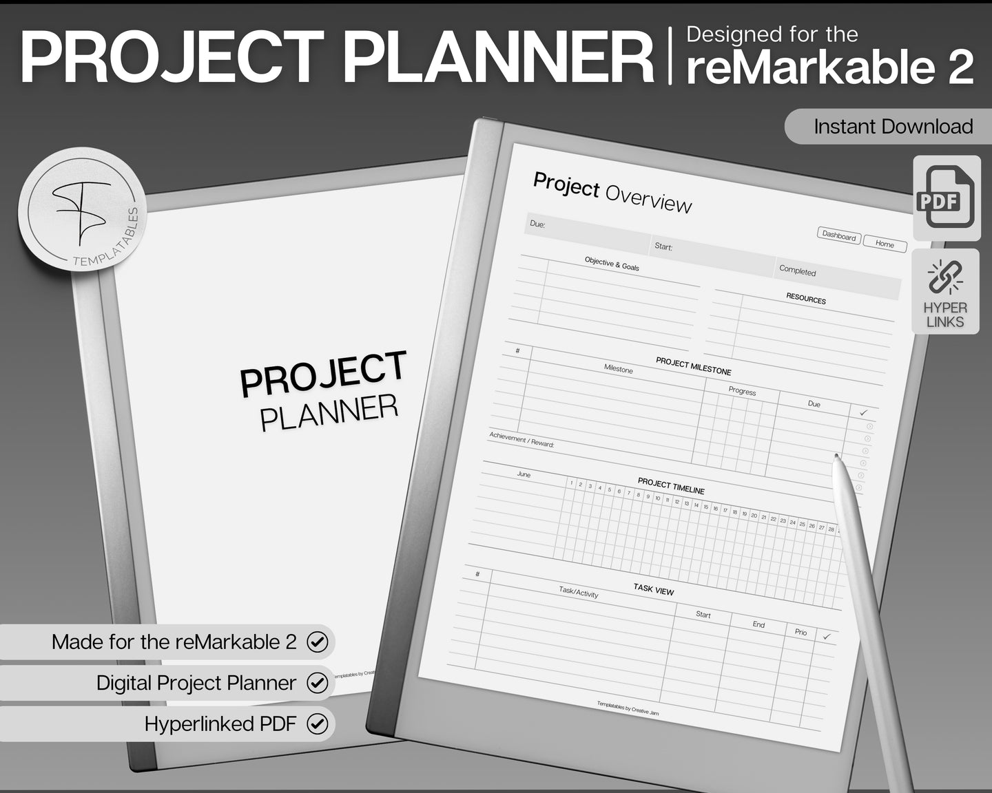 Project Planner Templates for reMarkable tablet | Digital Project Tracker Management Tool Includes Gannt Charts