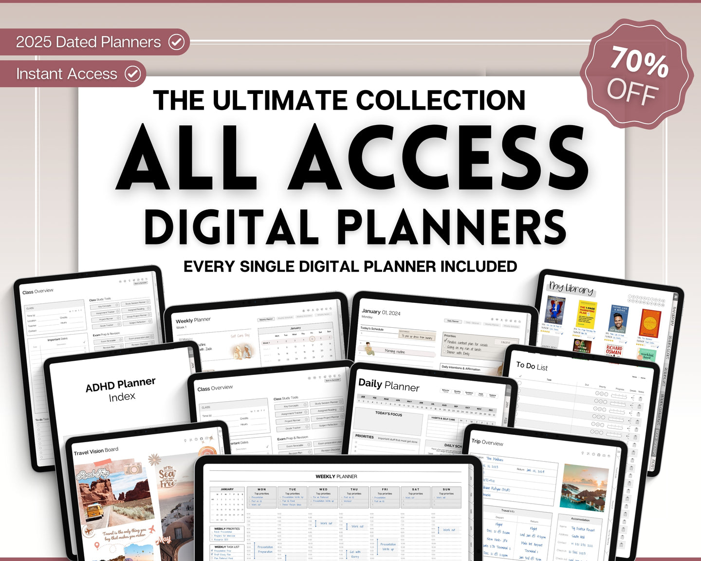 All Access Digital Planner BUNDLE! 15+ GoodNotes Planners | 2025 Daily Weekly Planner | Undated | Perfect for Student, Notebook, Fitness, Travel, Budget, iPad & ADHD | Mono