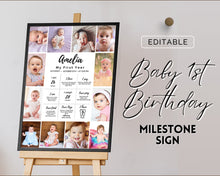 Load image into Gallery viewer, EDITABLE First Birthday Milestone Sign | 1st Birthday Poster, Baby Milestone decor, Canva Template &amp; Photo Collage Poster | Amelia
