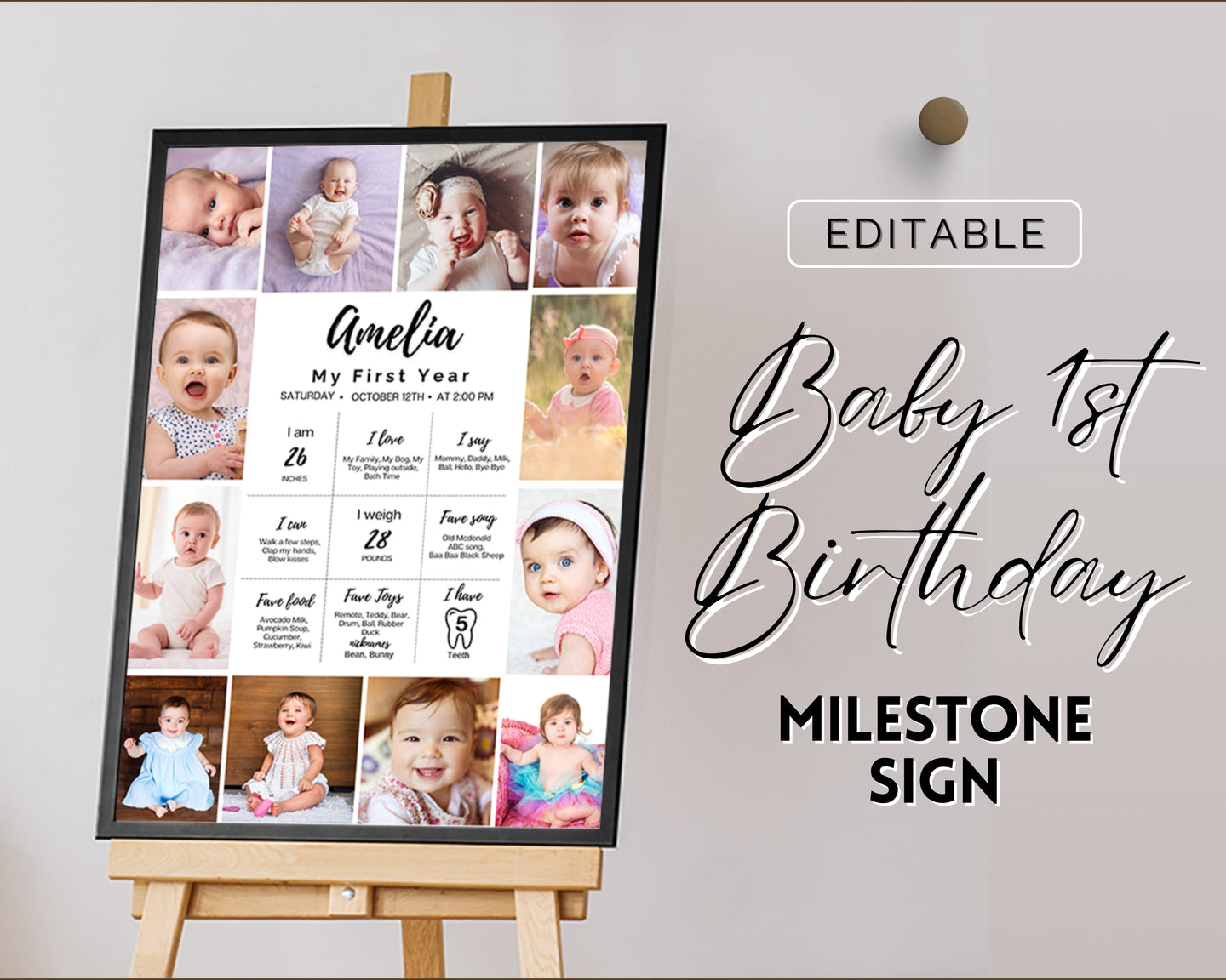 EDITABLE First Birthday Milestone Sign | 1st Birthday Poster, Baby Milestone decor, Canva Template & Photo Collage Poster | Amelia