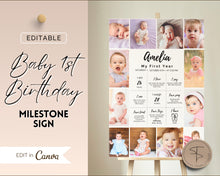 Load image into Gallery viewer, EDITABLE First Birthday Milestone Sign | 1st Birthday Poster, Baby Milestone decor, Canva Template &amp; Photo Collage Poster | Amelia
