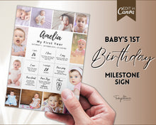 Load image into Gallery viewer, EDITABLE First Birthday Milestone Sign | 1st Birthday Poster, Baby Milestone decor, Canva Template &amp; Photo Collage Poster | Amelia
