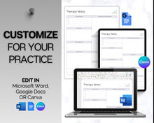 Load image into Gallery viewer, EDITABLE Therapist Note Templates | Includes Therapy Note sheet, Therapist Progress Notes, Therapy Session Template, Counselling Planner &amp; Therapy Journal Canva
