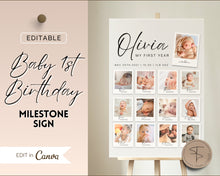 Load image into Gallery viewer, EDITABLE First Birthday Milestone Sign | 1st Birthday Poster, Baby Milestone decor, Canva Template &amp; Photo Collage Poster | Olivia
