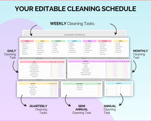 Load image into Gallery viewer, EDITABLE Cleaning Schedule Spreadsheet | Includes Cleaning Planner, Cleaning Checklist, Weekly House Chores &amp; Adhd Cleaning Clean Home | Colorful
