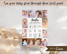 Load image into Gallery viewer, EDITABLE First Birthday Milestone Sign | 1st Birthday Poster, Baby Milestone decor, Canva Template &amp; Photo Collage Poster | Amelia
