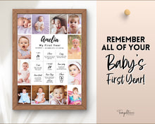 Load image into Gallery viewer, EDITABLE First Birthday Milestone Sign | 1st Birthday Poster, Baby Milestone decor, Canva Template &amp; Photo Collage Poster | Amelia
