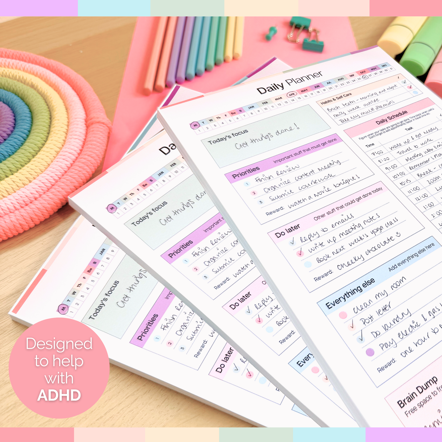 ADHD Daily Planner Notepad for Neurodivergent Adults - Productivity Daily Planner Desk Pad & Task Management to Stay Organized and Focused | 50 Undated Tear Away Sheets A4 | Colorful