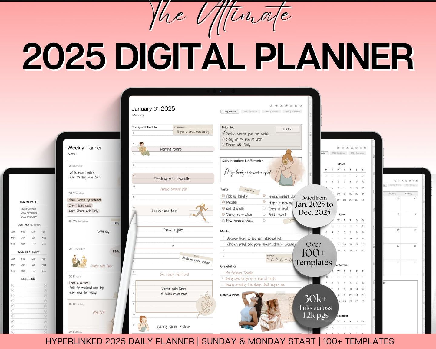 2025 Ultimate Digital Planner | Daily, Weekly, Monthly Planner for iPad & GoodNotes, That Girl Aesthetic | Mono