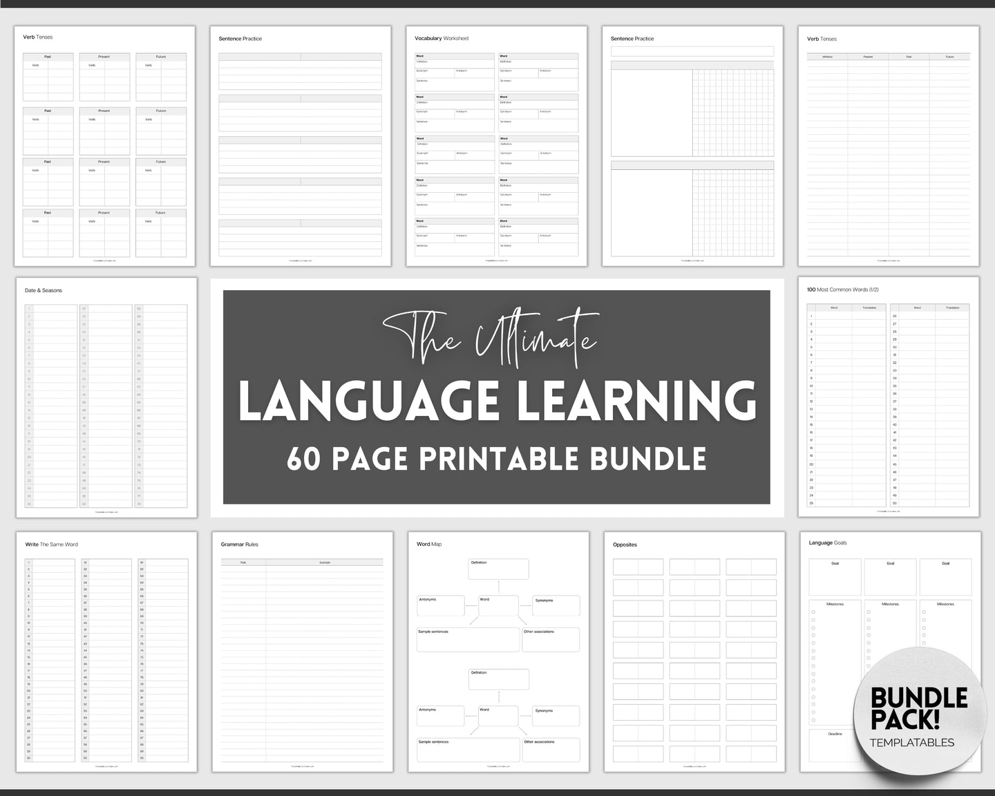 Printable Language Learning Planner | Language Learning Bundle to Study Korean, Japanese, Spanish, French & English | Language Templates, Trackers, Notebook & Student Vocab Workbook | Mono