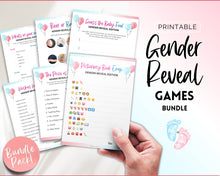 Load image into Gallery viewer, Gender Reveal Games Bundle | Includes Gender reveal party, Baby announcement, What will baby be, Bingo, Baby predictions &amp; Blue or pink party games | Balloons
