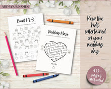 Load image into Gallery viewer, Kids Wedding Activity Book | Includes Kids Activity Kit, Kids Table ideas, Wedding Reception Games, Kids Activity Mat &amp; Printable Kids Coloring Book | favors
