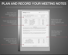 Load image into Gallery viewer, Meeting Minutes Template for reMarkable Tablet |  Meeting Agenda, Note Taking, Project planner, Task List Templates
