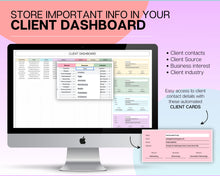 Load image into Gallery viewer, Client Tracker Spreadsheet | Includes CRM Tracker, Lead &amp; Task Tracker, Client Record book, Business Planner &amp; Communication Log | For Small Business Owners | Colorful
