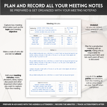 Load image into Gallery viewer, Meeting Minutes Note Taking Professional Notepad | Plan, Record and Track Actions, Agendas from all your Important Meetings Desk Pad | 50 Undated Tear Away Sheets | A4 Mono
