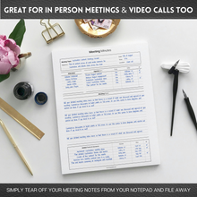 Load image into Gallery viewer, Meeting Minutes Note Taking Professional Notepad | Plan, Record and Track Actions, Agendas from all your Important Meetings Desk Pad | 50 Undated Tear Away Sheets | A4 Mono
