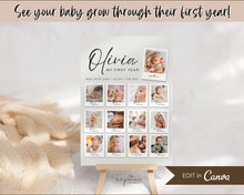 Load image into Gallery viewer, EDITABLE First Birthday Milestone Sign | 1st Birthday Poster, Baby Milestone decor, Canva Template &amp; Photo Collage Poster | Olivia
