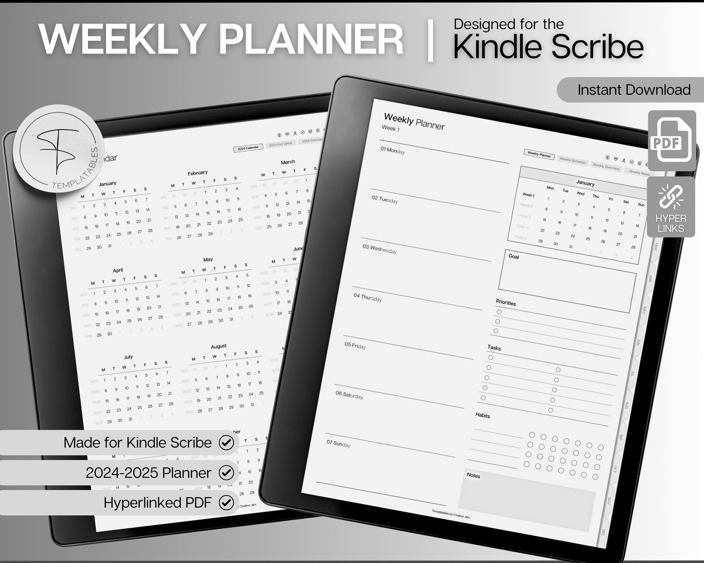 2024 WEEKLY Planner for Kindle Scribe | Hyperlinked Digital Planner & Kindle Scribe Templates for Weekly Schedule | 2025 Kindle Scribe Planner Pdf