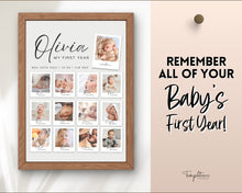 Load image into Gallery viewer, EDITABLE First Birthday Milestone Sign | 1st Birthday Poster, Baby Milestone decor, Canva Template &amp; Photo Collage Poster | Olivia
