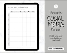 Load image into Gallery viewer, FREE - Social Media Planner Printable for Marketing | Weekly Tracker for Instagram, YouTube, Facebook, Pinterest &amp; Blogs | Mono Minimalist
