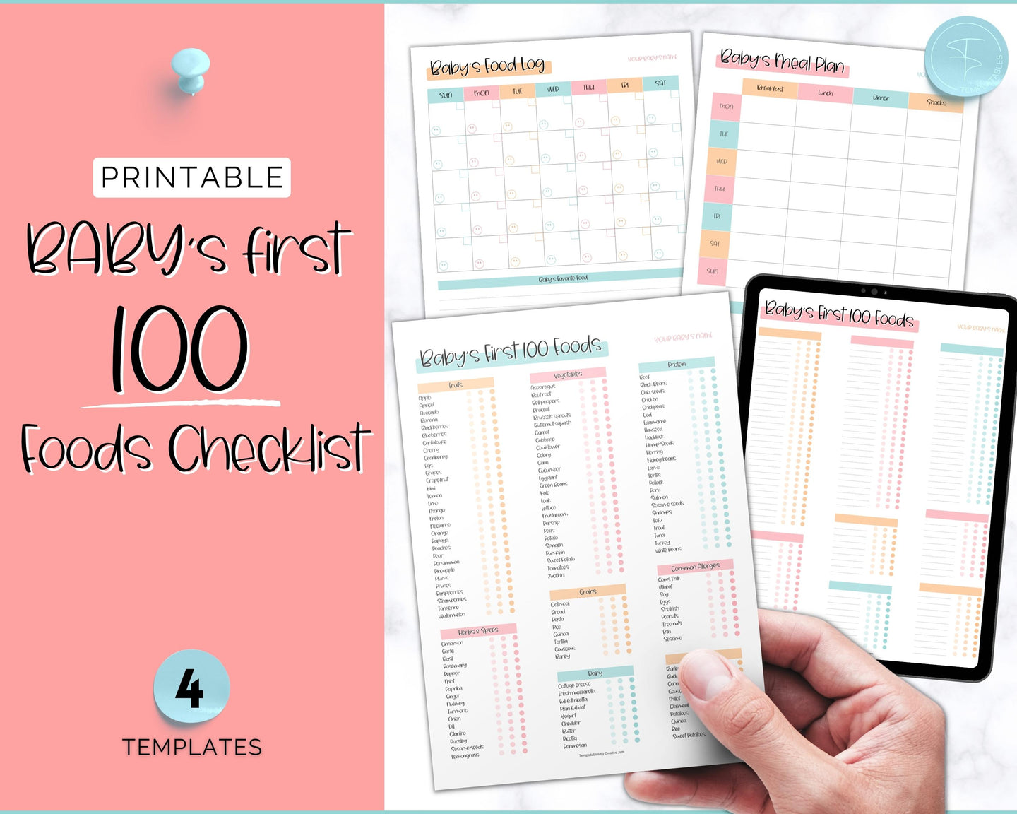 Baby Food Tracker Printable BUNDLE | Baby’s First Foods Meal Planner & Daily Food Diary, 100 Foods Before 1 | Colorful Sky