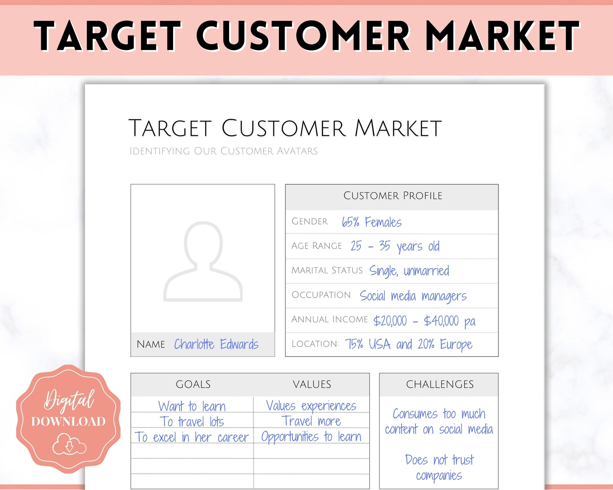 Target Customer Market, Customer Avatar Worksheet