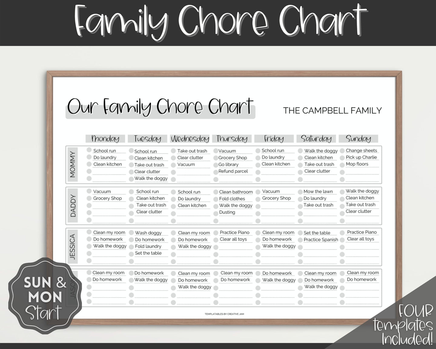 Family Chore Chart Printable | Editable Family Planner Schedule for Kids & Adults | Sky Mono