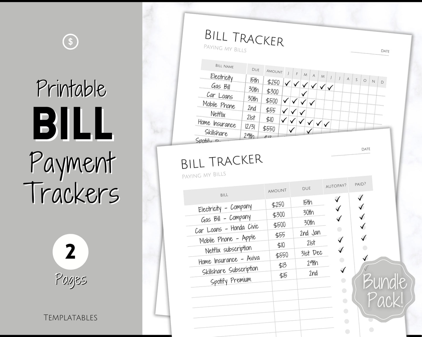 Bill Payment Tracker Printable | Monthly Bill Organizer, Checklist & Calendar | Mono