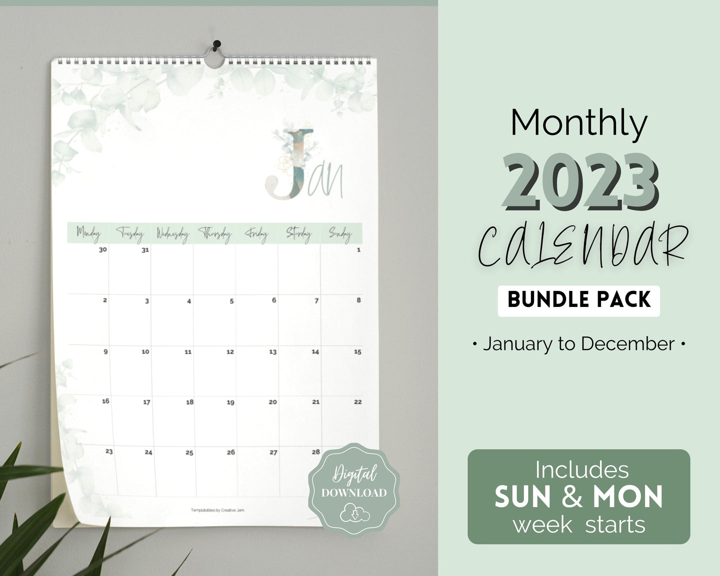 2023 Monthly Calendar Printable | 12 Month Desk Calendar Planner | Portrait Green