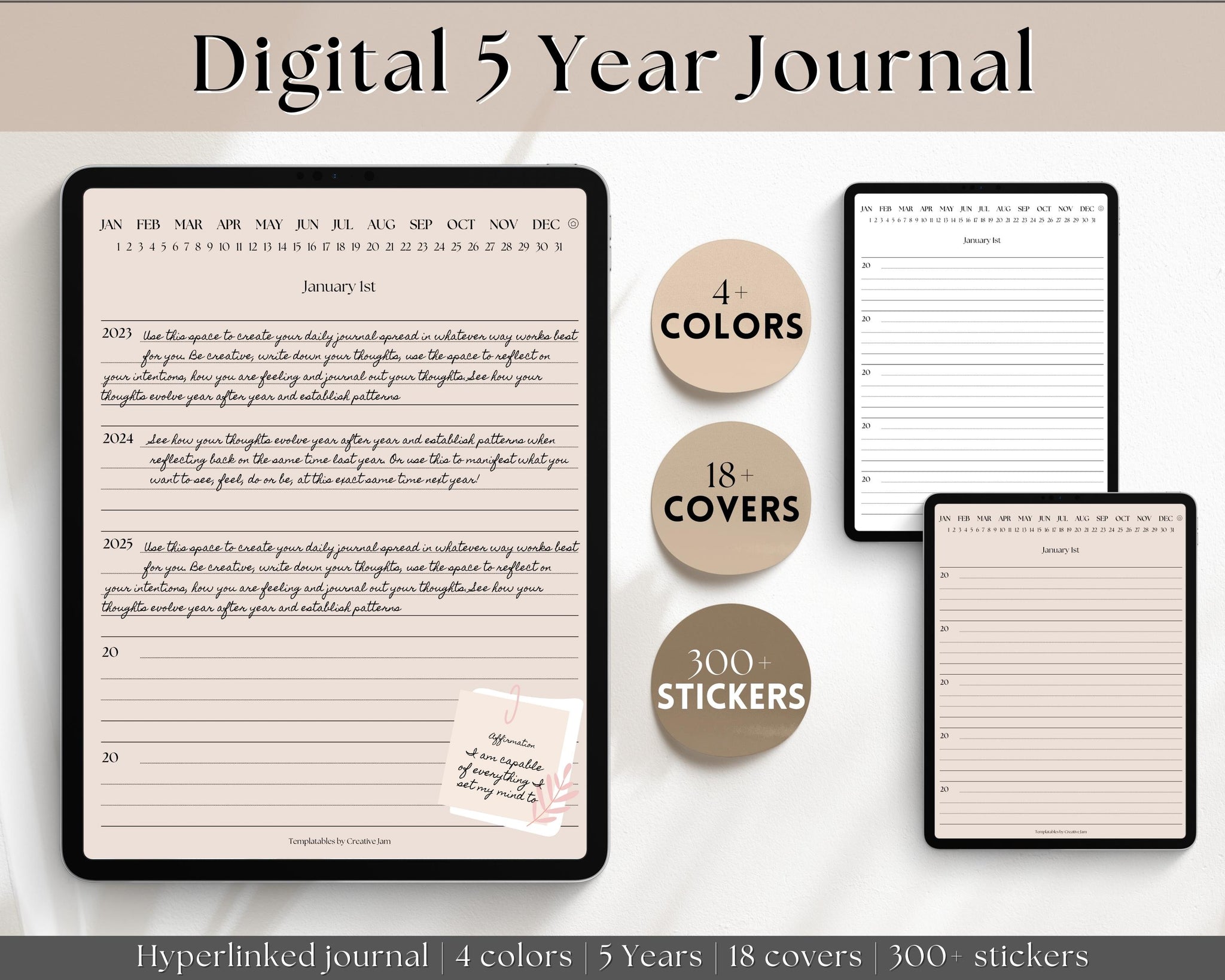 One Line a Day Digital Daily Journal, 5 Year Journal, Goodnotes iPad  Notebook, Hyperlinked Digital 365 Diary, Stickers & Covers, Minimalist 