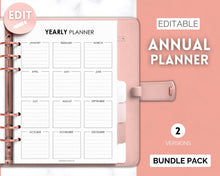 Load image into Gallery viewer, Editable Yearly Planner 2023 | Year at a Glance, Undated Annual To Do List, 12 Month Year in Review Calendar | Mono
