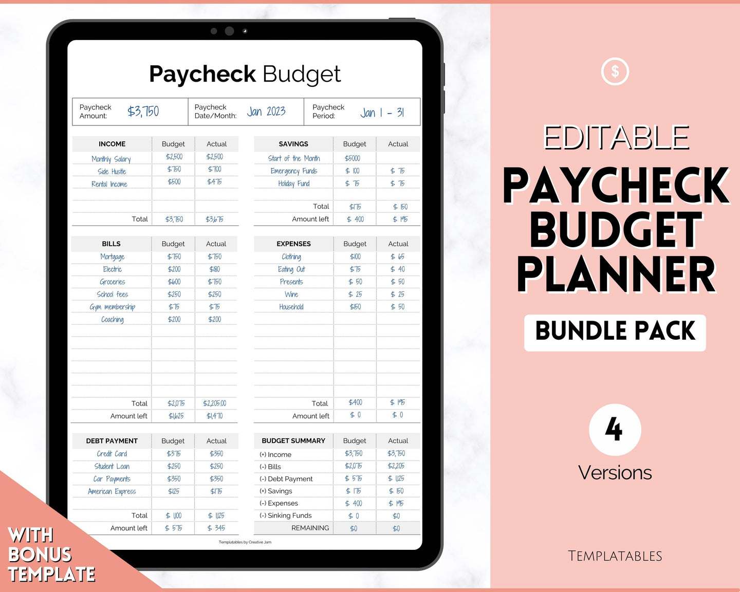 Editable Paycheck Budget Planner Template | Printable Paycheck Tracker, Finance Planner, Zero Based Budget Binder | Mono