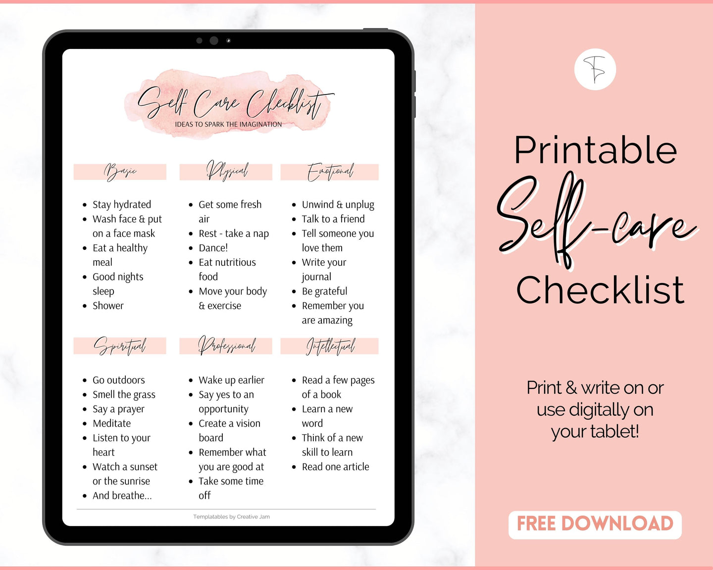 FREE - Self Care Checklist, Self-Care Planner & Selfcare Journal Tracker | Wellness Planner, Daily Wellbeing, Mindfulness, Mental Health Kit | WC Scrawl Pink