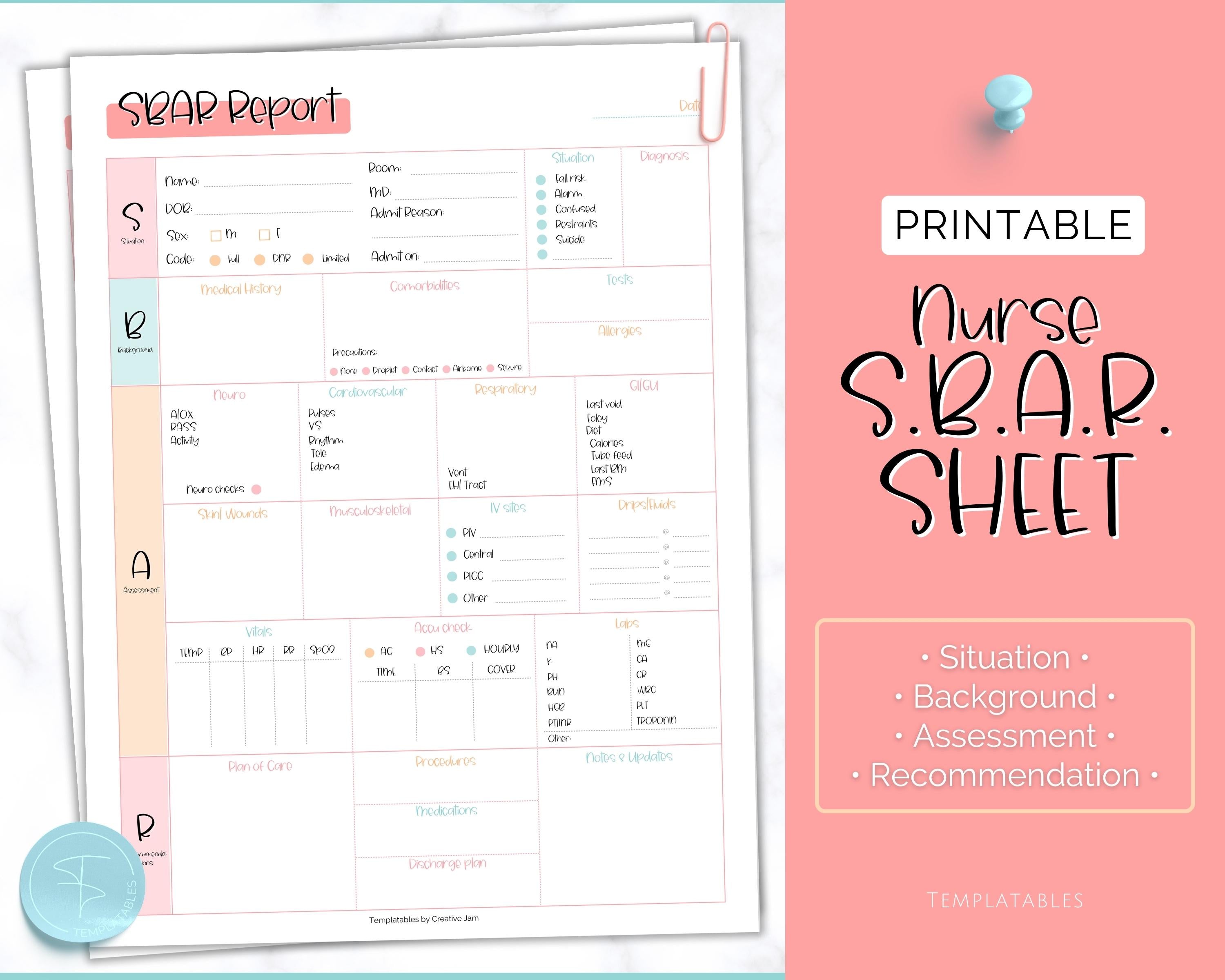 SBAR Nurse Brain Report Sheet | ICU Nurse Report Printable Template