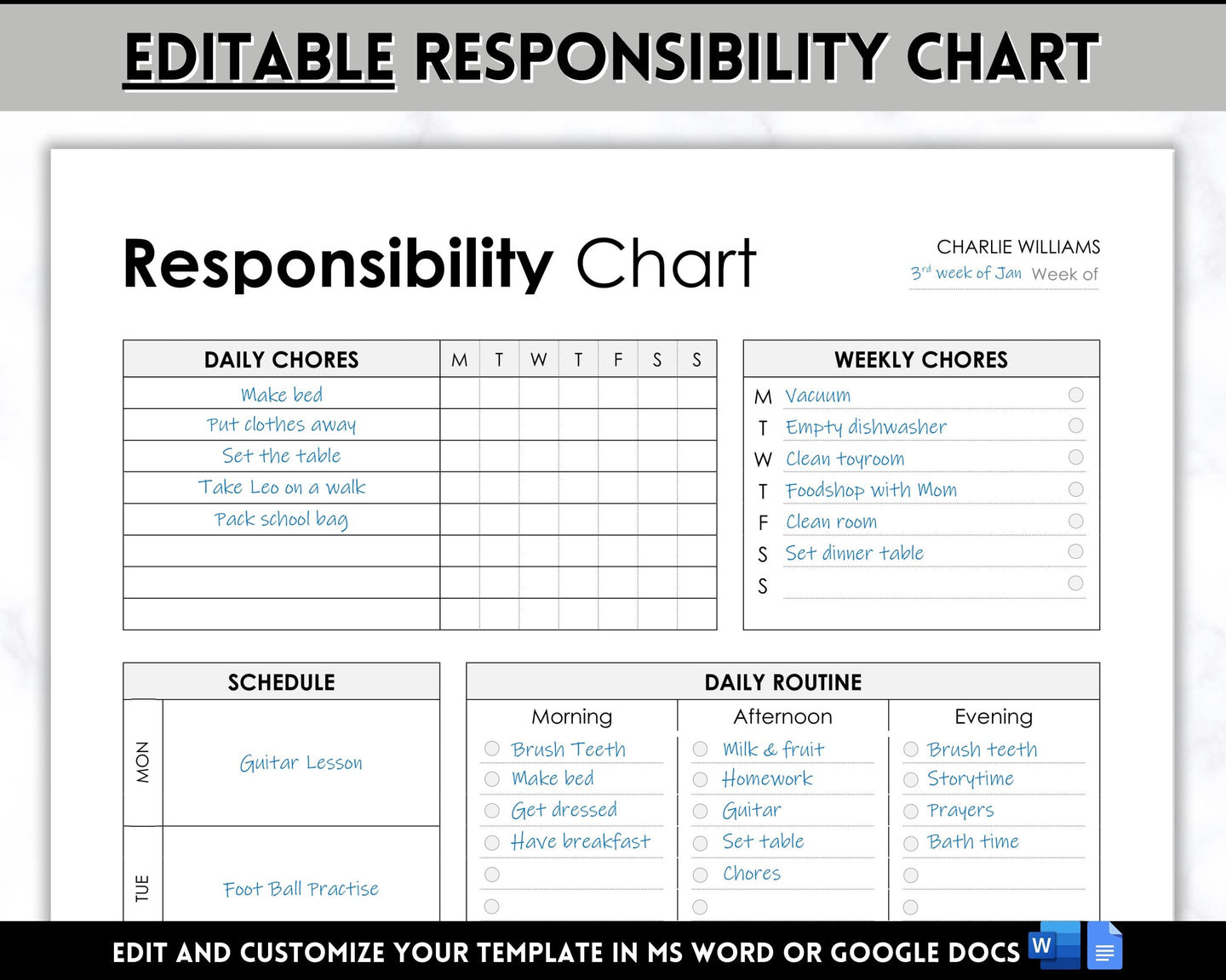 EDITABLE Responsibility Chart | Family Chore Chart, Weekly Adult Routine & Reward Chart for Kids | Mono