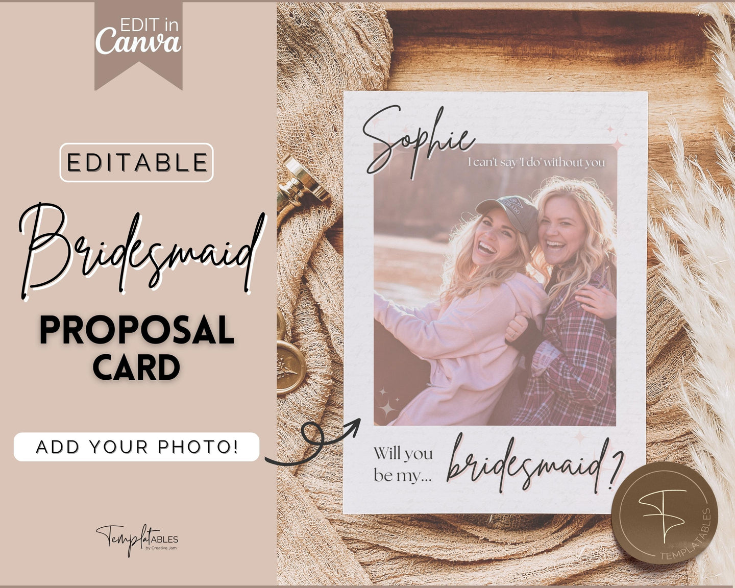 Bridesmaid Proposal Card EDITABLE Template | Add your PHOTO to your Bridesmaid Invite, Bridal Maid of Honor Template | Style 1