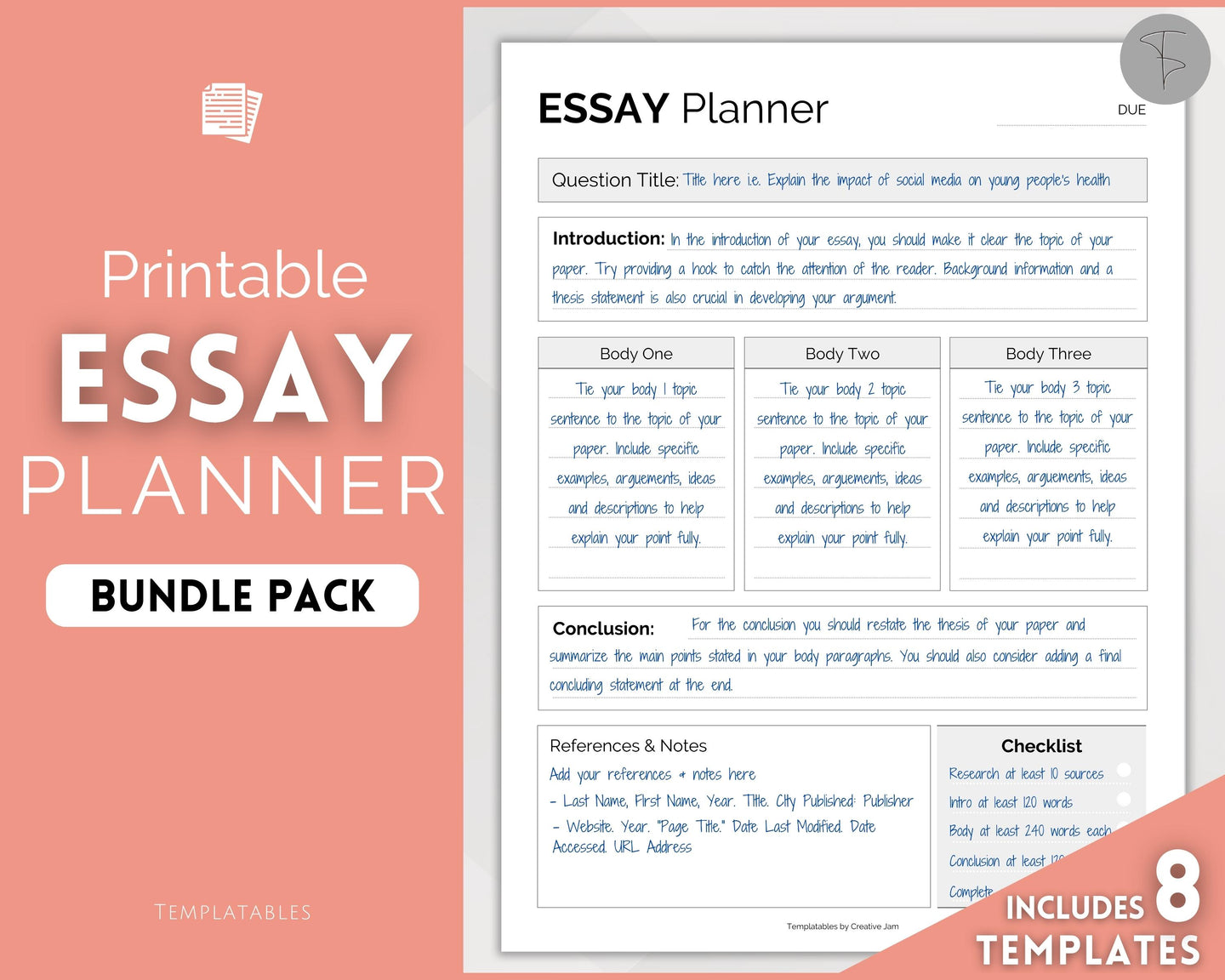 Essay Planner Printable BUNDLE for Students | Essay Writing Template for College Assignment, School, Homework & Projects | Minimalist