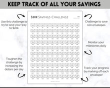 Load image into Gallery viewer, 20k 100 Envelope Challenge Printable, 20000 Savings Tracker, 100 Day Challenge, Cash Envelopes, Money Saving, Save, Budget Envelope, Finance | Mono
