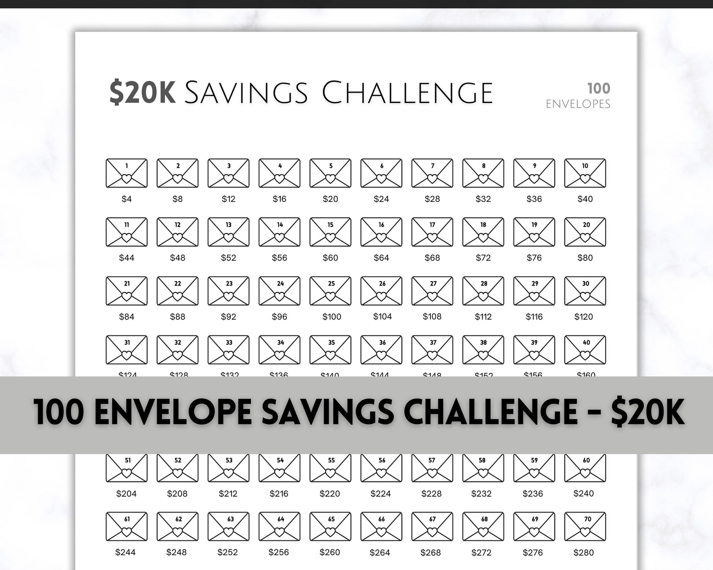 20k 100 Envelope Challenge Printable, 20000 Savings Tracker, 100 Day Challenge, Cash Envelopes, Money Saving, Save, Budget Envelope, Finance | Mono