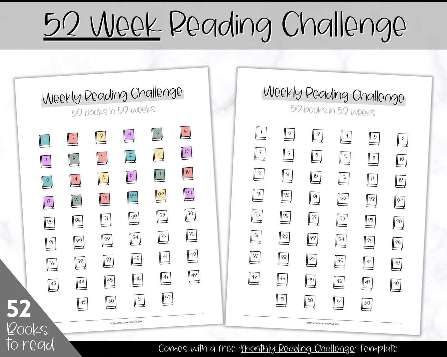 52 Weeks Reading Book Challenge | Weekly Reading Challenge, Adult & Kids Reading Log & Book Tracker | Sky Mono