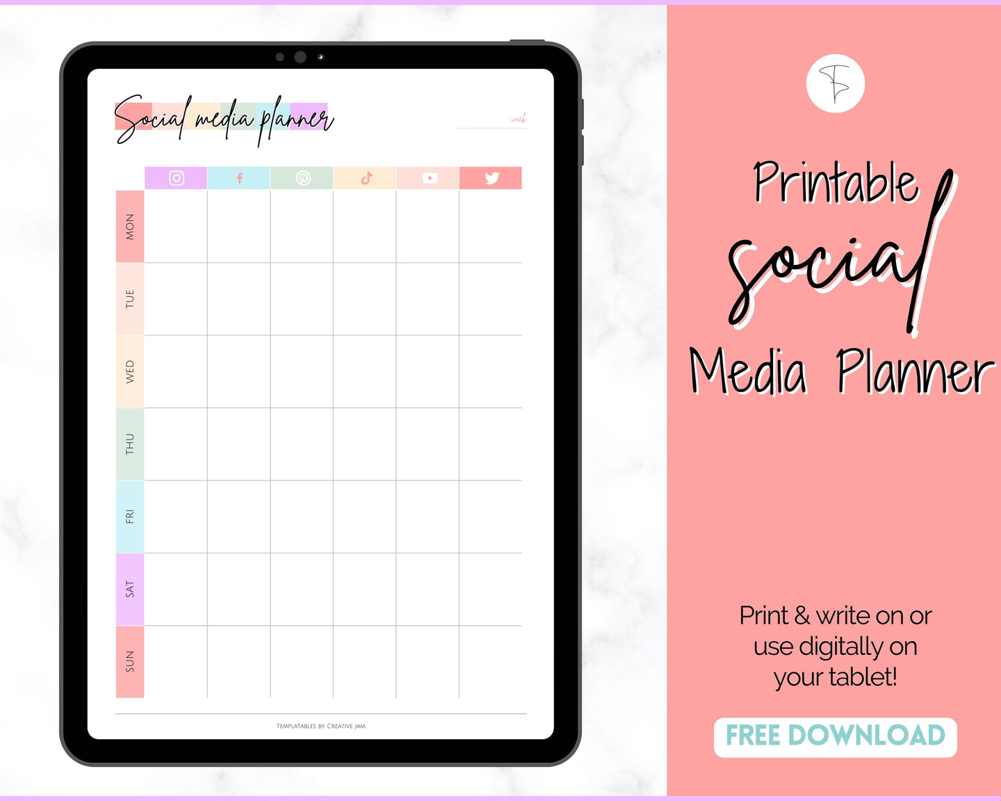 FREE - Social Media Planner Printable for Marketing | Weekly Tracker for Instagram, YouTube, Facebook, Pinterest & Blogs | Pastel Rainbow