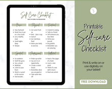 Load image into Gallery viewer, FREE - Self Care Checklist, Self-Care Planner &amp; Selfcare Journal Tracker | Wellness Planner, Daily Wellbeing, Mindfulness, Mental Health Kit | WC Scrawl Green
