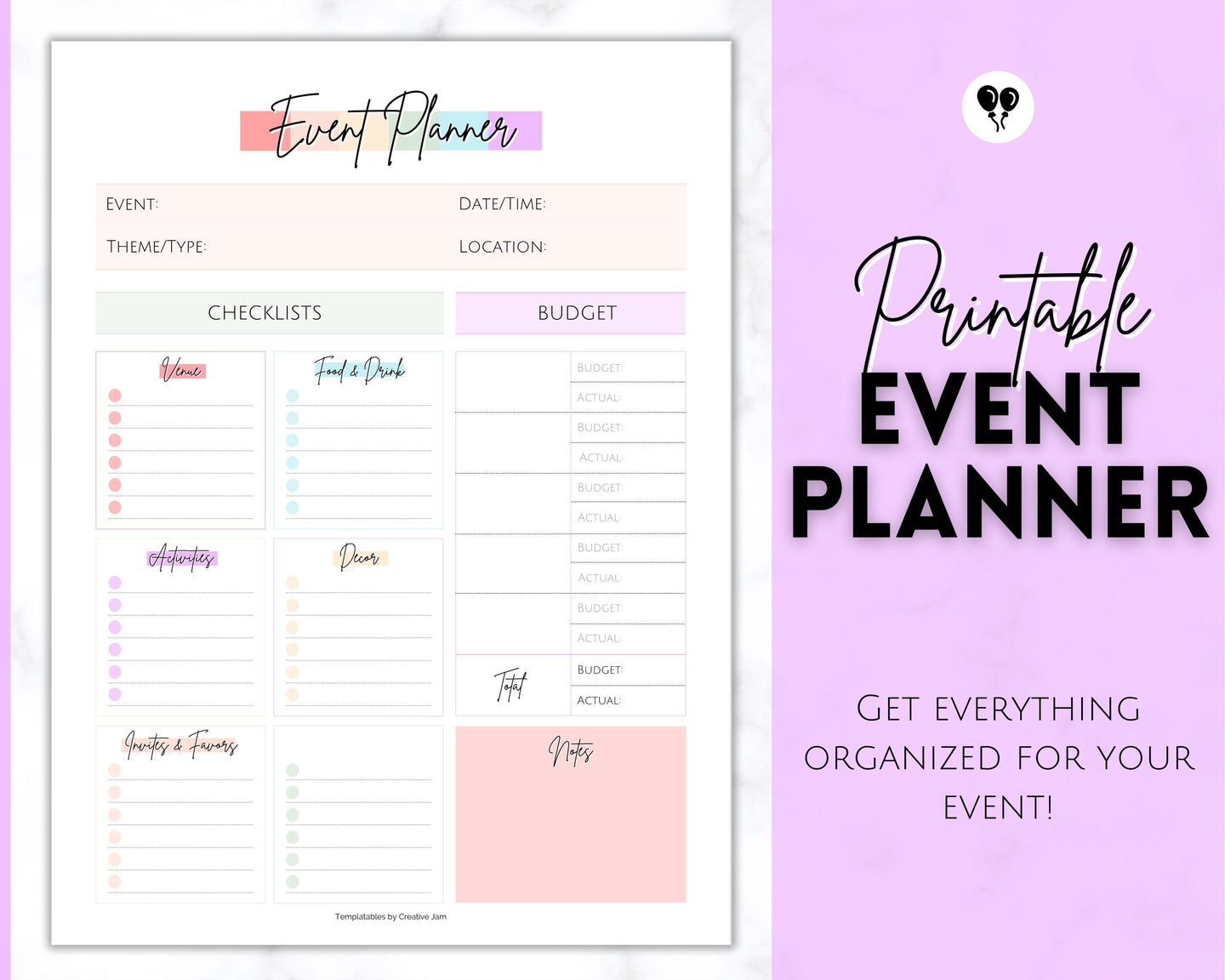 Event Planner Template, Printable Party Planner, Birthday, Wedding, Bridal, Budget, Invites, Event Plan Set, Party Organizer | Pastel Rainbow