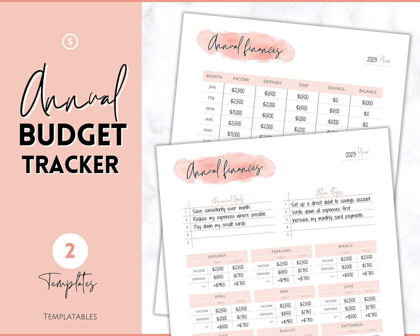 Annual Budget Tracker | Bill, Expenses, Income & Savings Tracker | Pink Watercolor