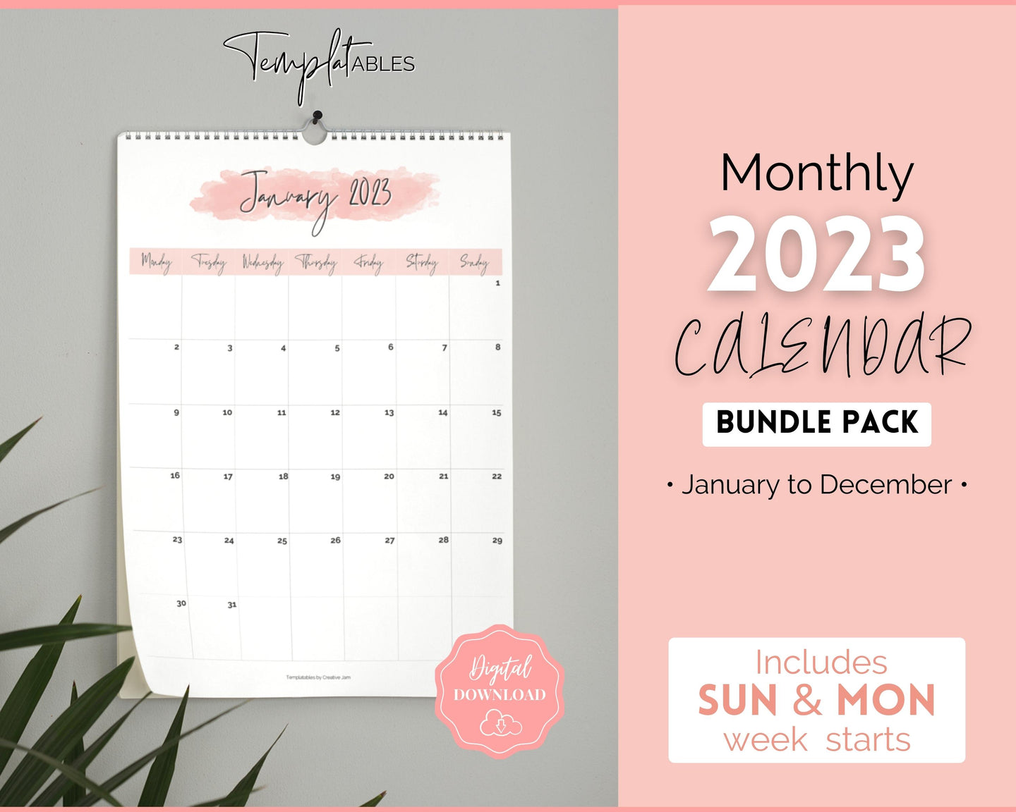 2023 Monthly Calendar Printable | 12 Month Desk Calendar Planner | Portrait Pink Watercolor