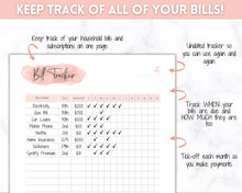 Load image into Gallery viewer, Bill Payment Tracker Printable | Monthly Bill Organizer, Checklist &amp; Calendar | Pink Watercolor
