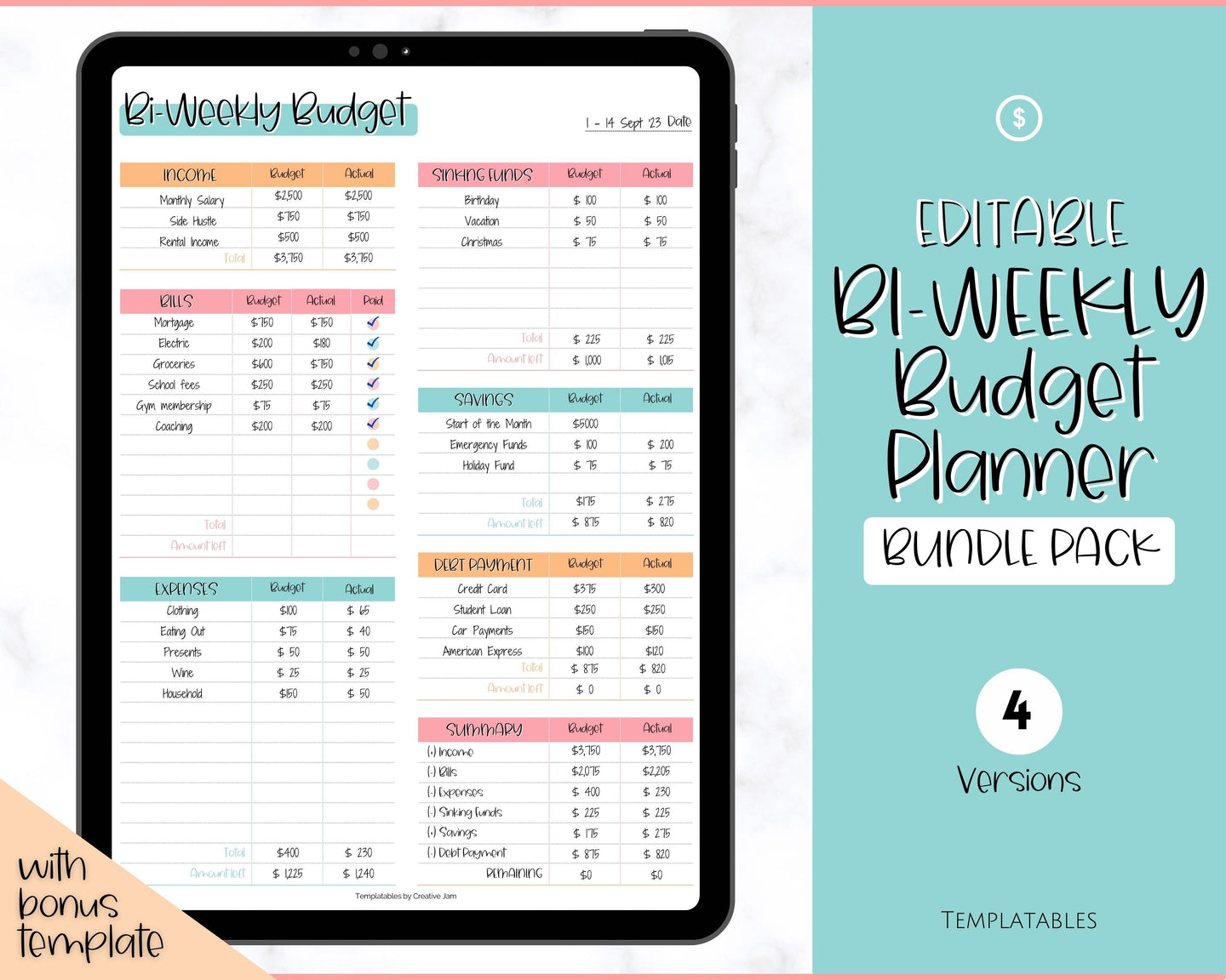 Editable Biweekly Budget Planner Template |  Printable Paycheck Tracker, Finance Planner, Zero Based Budget Binder | Colorful Sky