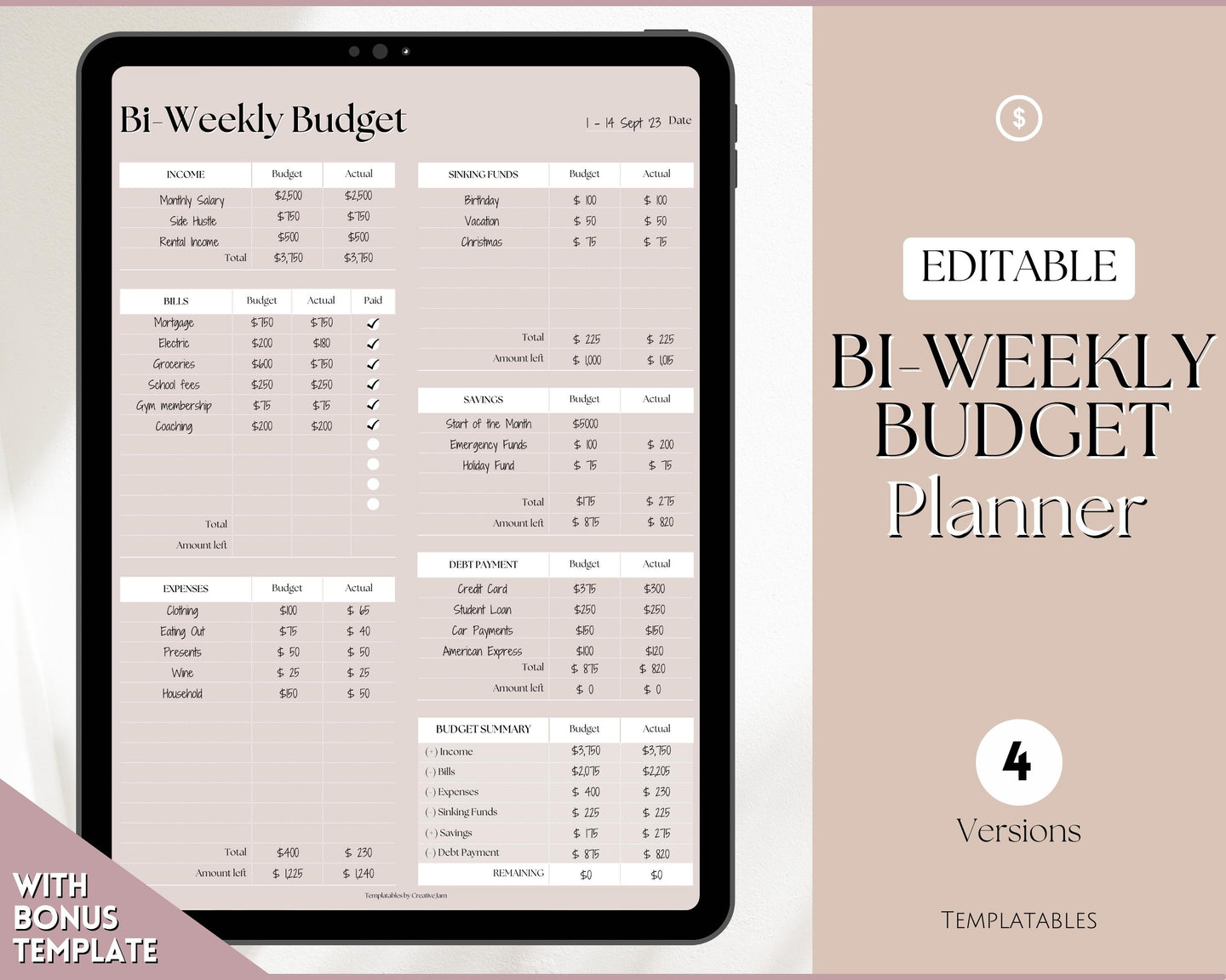 Editable Biweekly Budget Planner Template |  Printable Paycheck Tracker, Finance Planner, Zero Based Budget Binder | Lux