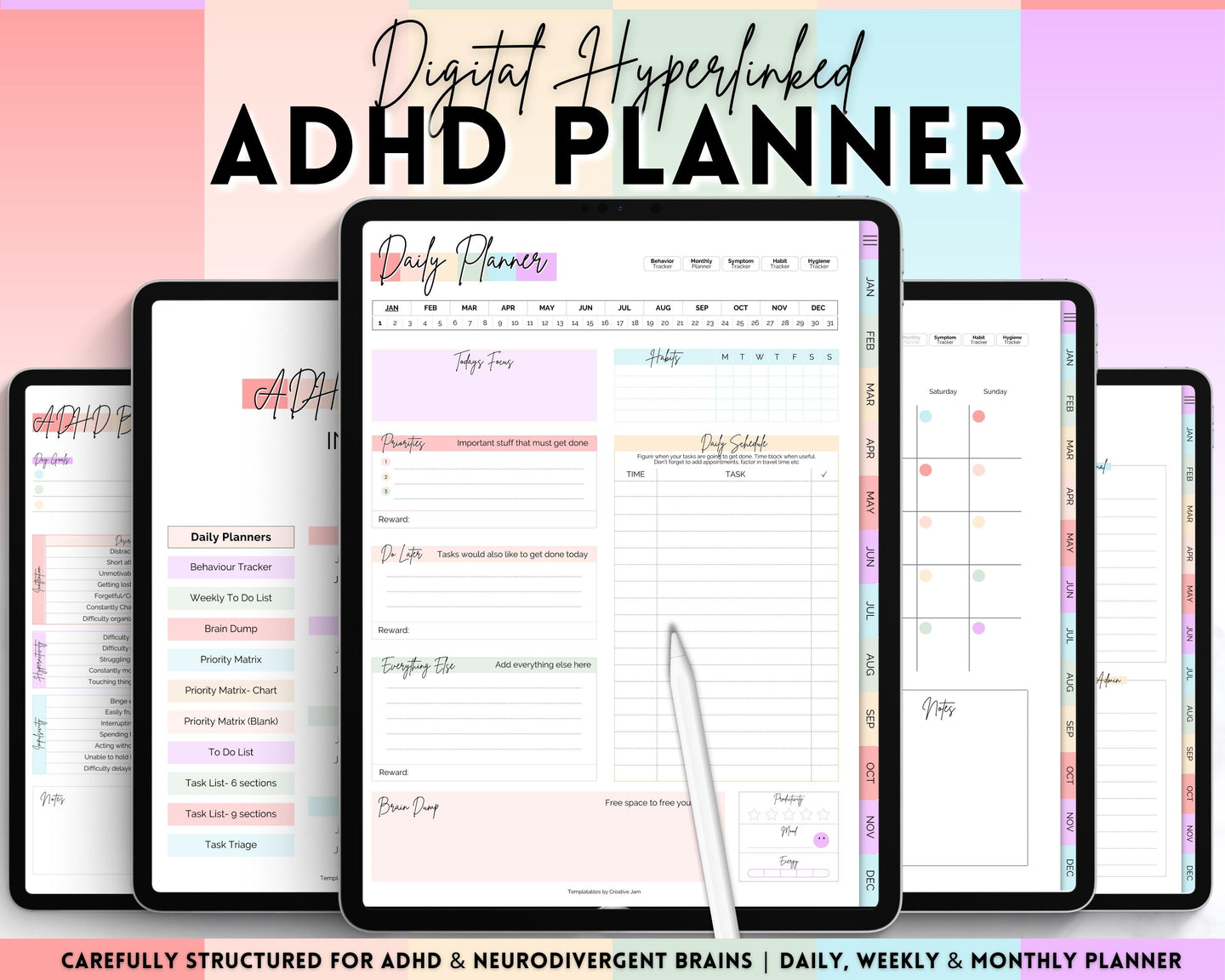 ADHD Digital Planner - Daily Planner for Neurodivergent Adults | Brain Dump Template, To Do List, Cleaning, Symptom Tracker for GoodNotes & iPad | Pastel Rainbow