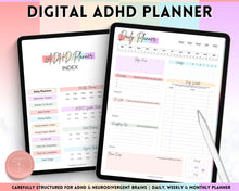 Load image into Gallery viewer, ADHD Digital Planner - Daily Planner for Neurodivergent Adults | Brain Dump Template, To Do List, Cleaning, Symptom Tracker for GoodNotes &amp; iPad | Pastel Rainbow
